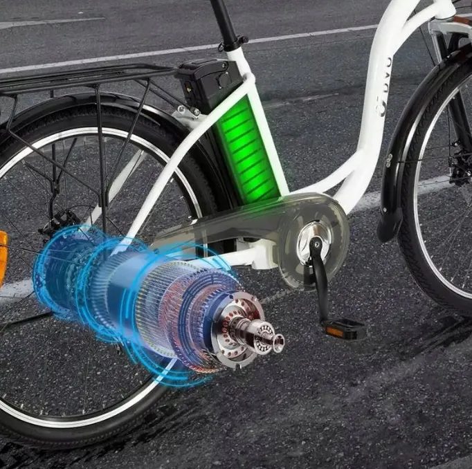 Bicicleta eléctrica DYU C6 parcialmente ensamblada y ajustada.