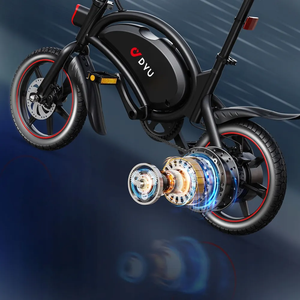 Bicicleta eléctrica DYU D3F plegada y ajustada para fácil almacenamiento.