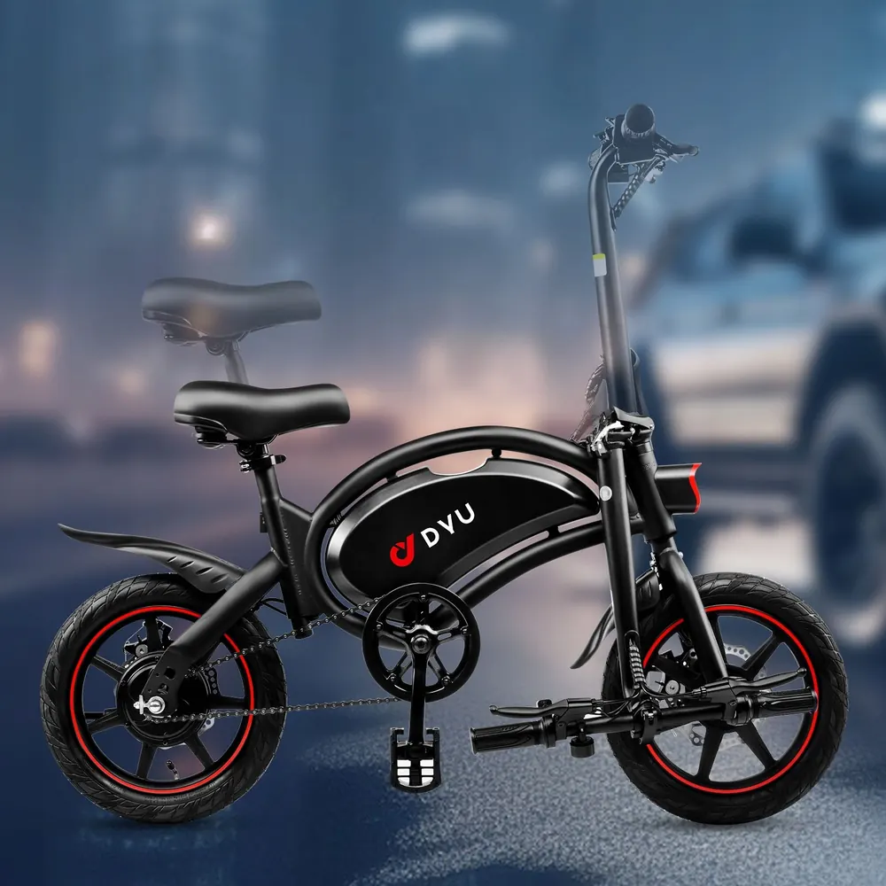 Detalle de rueda de 14 pulgadas en bicicleta eléctrica DYU D3F.