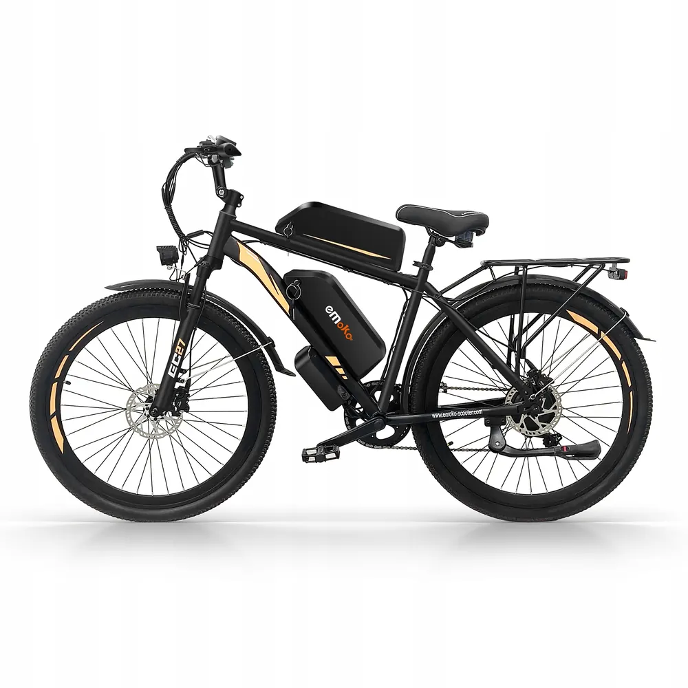 Caja original de la bicicleta eléctrica EMOKO EC27 PRO con especificaciones técnicas.