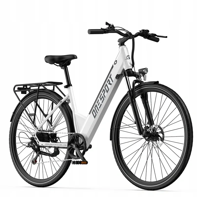 Bicicleta eléctrica ONESPORT OT12 blanca, detalle del manillar y pantalla.