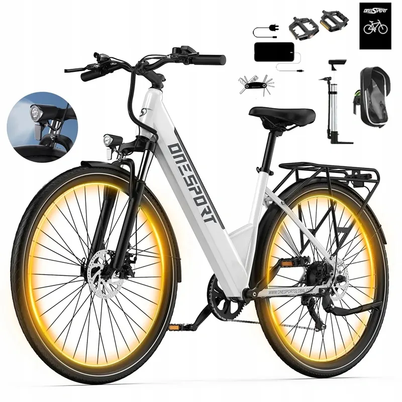Bicicleta eléctrica ONESPORT OT12 blanca parcialmente ensamblada.