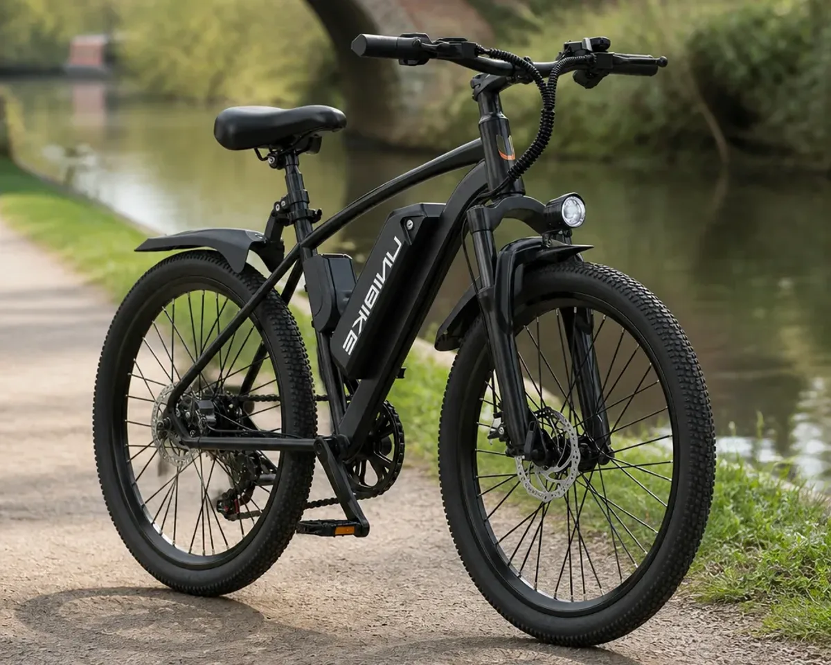 Bicicleta eléctrica urbana AAIRSK Q7 paso abierto en color gris con portaequipajes trasero