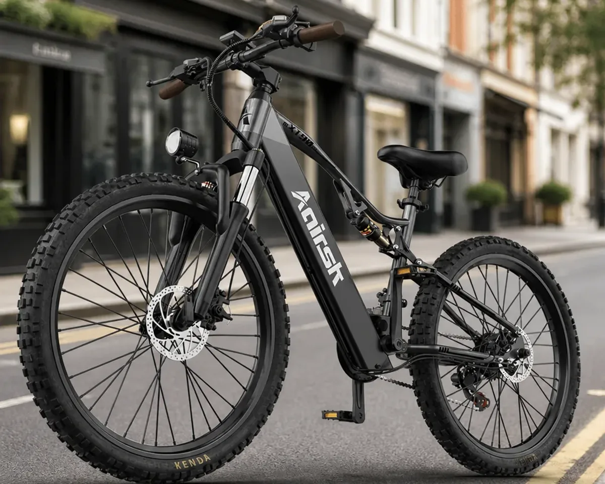 Bicicleta eléctrica de montaña AAIRSK XT90 de 750 W en un camino de terreno privado