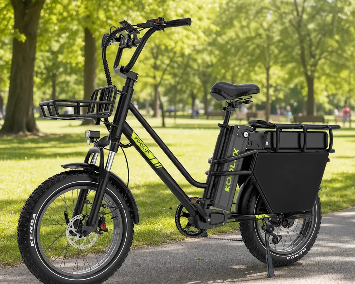 Bicicleta eléctrica de carga con caja delantera en una ciudad española