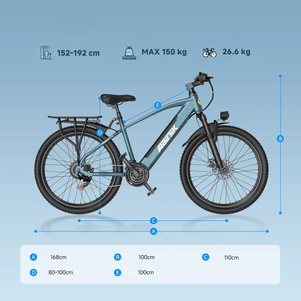 Bicicleta eléctrica urbana Aairsk S800 unisex, cuadro de 26 pulgadas, batería 36V13Ah