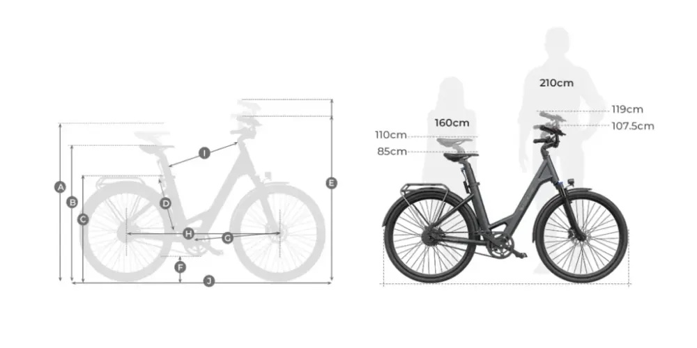 ADO Air 28 bicicleta eléctrica urbana en vista lateral completa, color gris, con cesta delantera y luz LED.