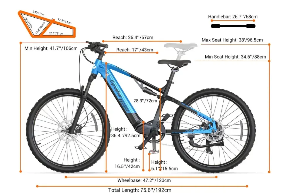 Cyrusher Flex e-bike de montaña en vista lateral completa, con cuadro azul y suspensión delantera.
