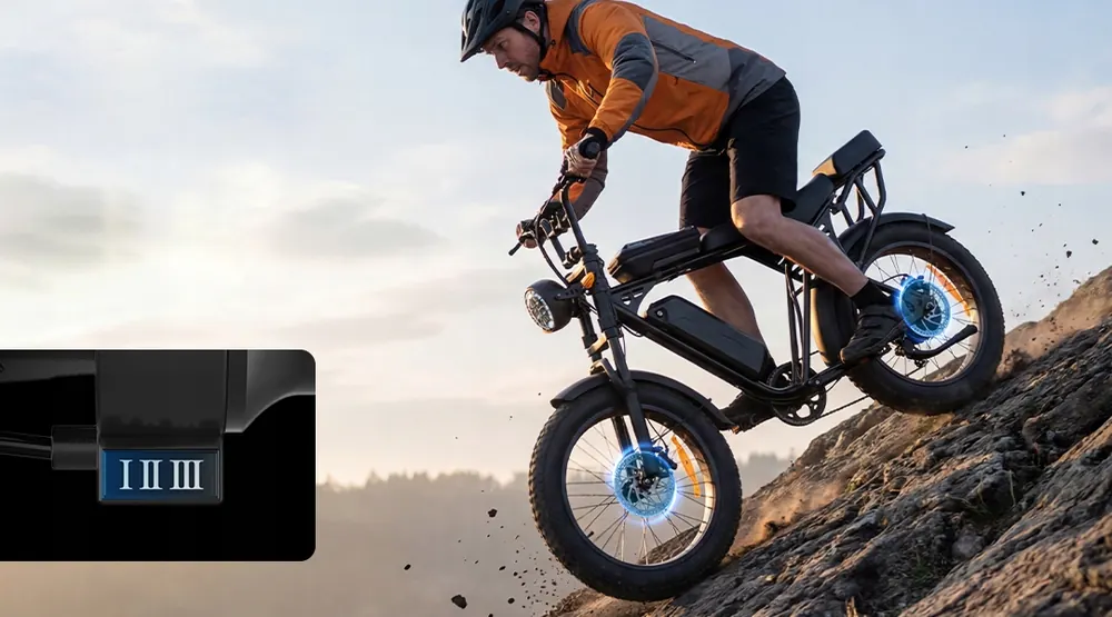 Bicicleta eléctrica fat bike 20 pulgadas con motor nominal 250W y batería 48V 15Ah.