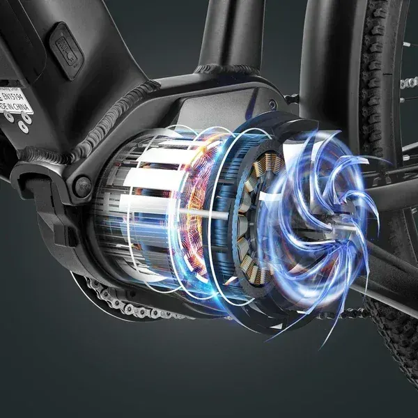 Detalle del motor central Ananda M60 de 250W en la Fafrees FM8, con bielas y plato.