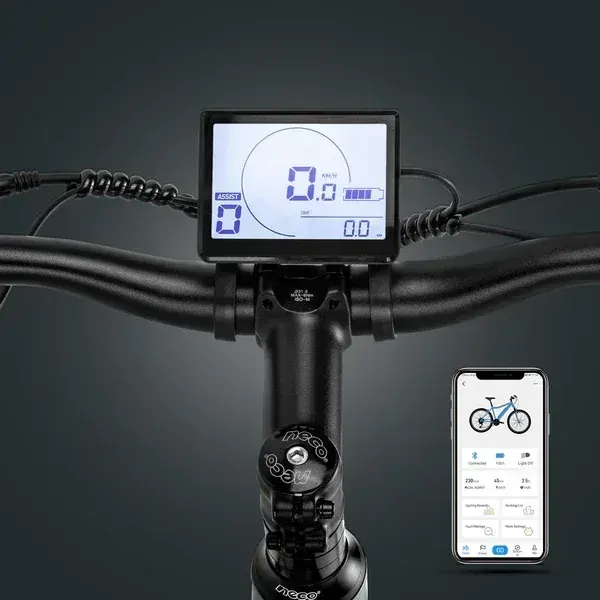 Pantalla LCD inteligente de la Fafrees FM8 mostrando velocidad y nivel de asistencia.