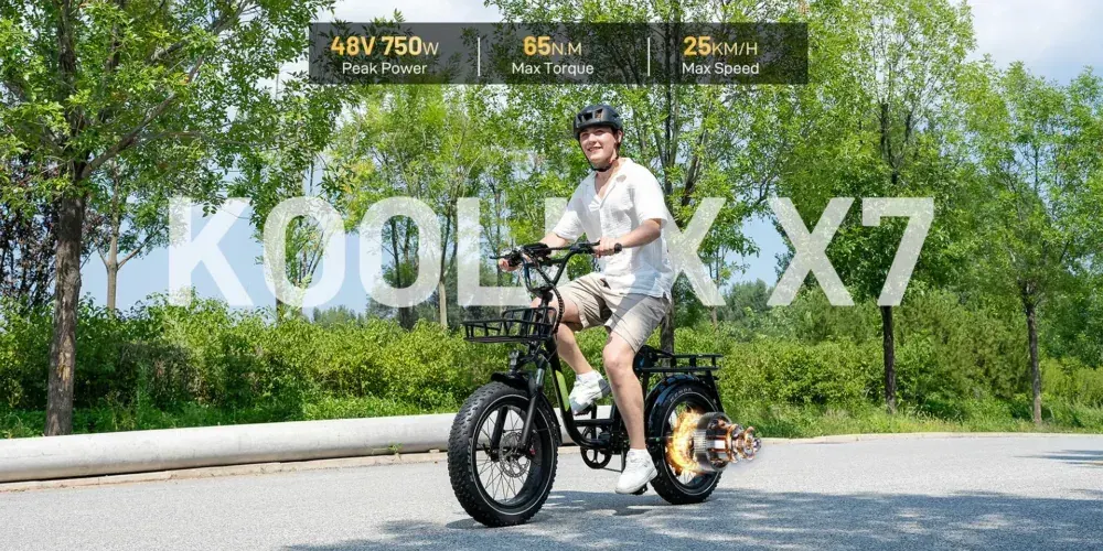 Koolux X7 bicicleta eléctrica de carga en vista lateral completa con llantas anchas y cuadro robusto.