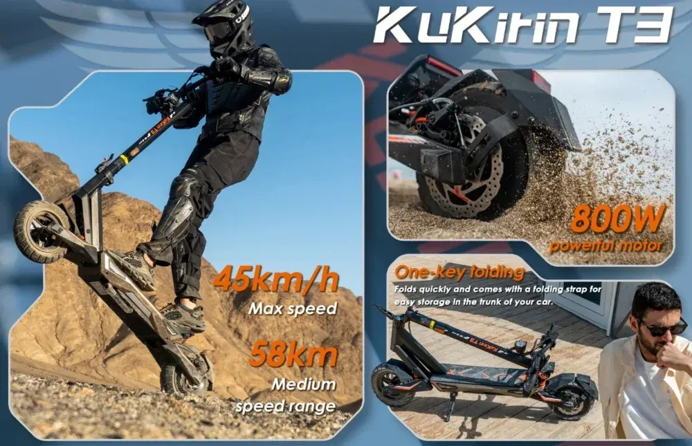 Kukirin T3 plegado para transporte, mostrando su tamaño compacto y ruedas alineadas.