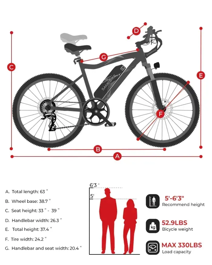 Samebike EBE2 en vista lateral completa, mostrando su cuadro de acero y ruedas todoterreno.