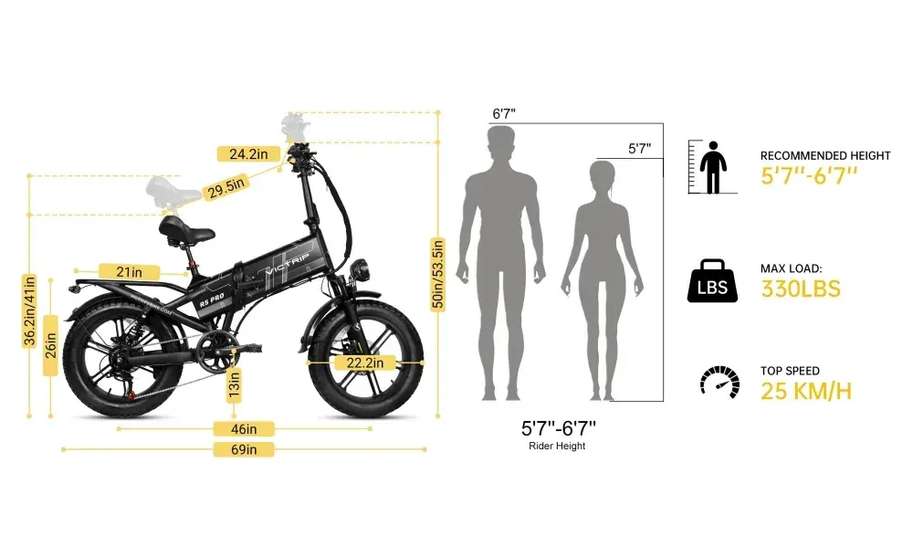 Victrip R5 Pro bicicleta eléctrica plegable en vista lateral completa, color negro, con asiento acolchado y ruedas robustas.