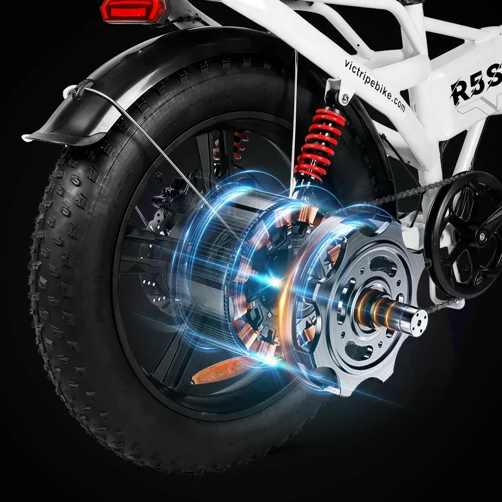 Victrip R5S plegada y compacta, lista para guardar en el maletero de un coche, con cuadro plegado y ruedas alineadas.